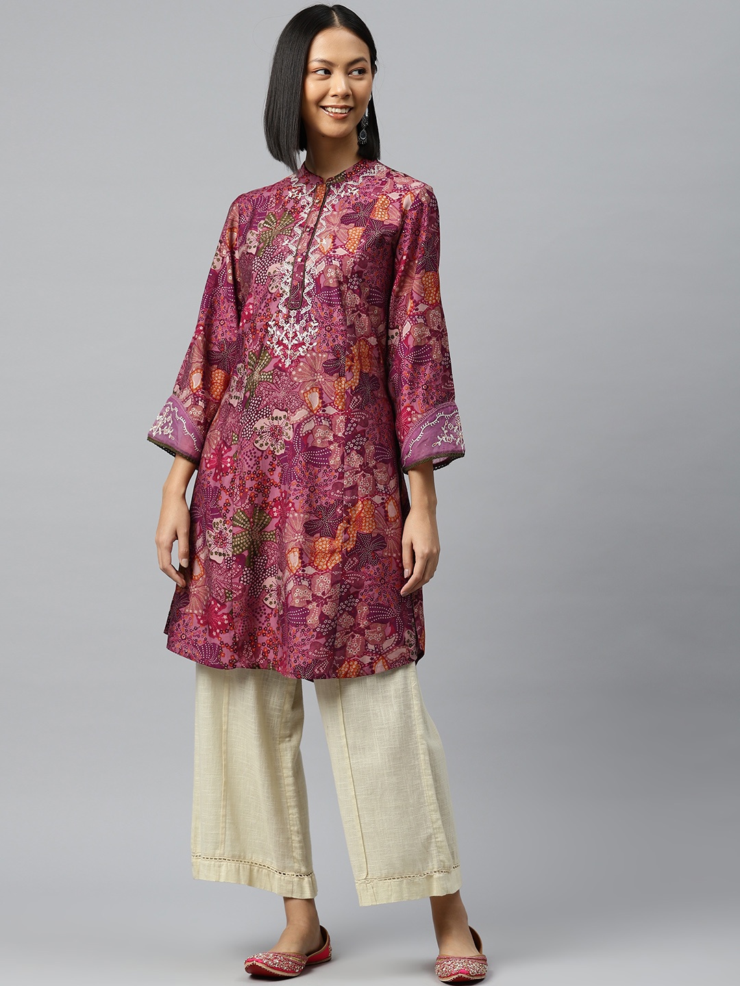 

Nayam By Lakshita Floral Printed Flared Sleeves Sequinned Chanderi Cotton Kurta, Pink