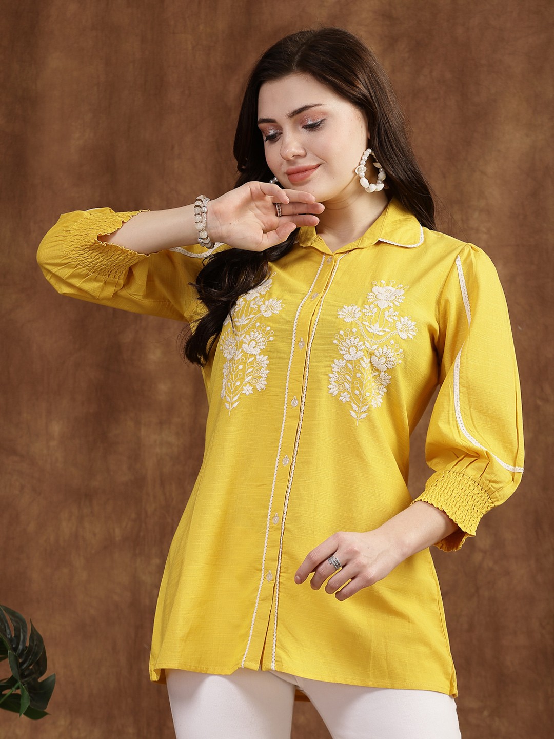 

Nayam By Lakshita Floral Embroidered Puff Sleeve Cotton Shirt Style Top, Yellow
