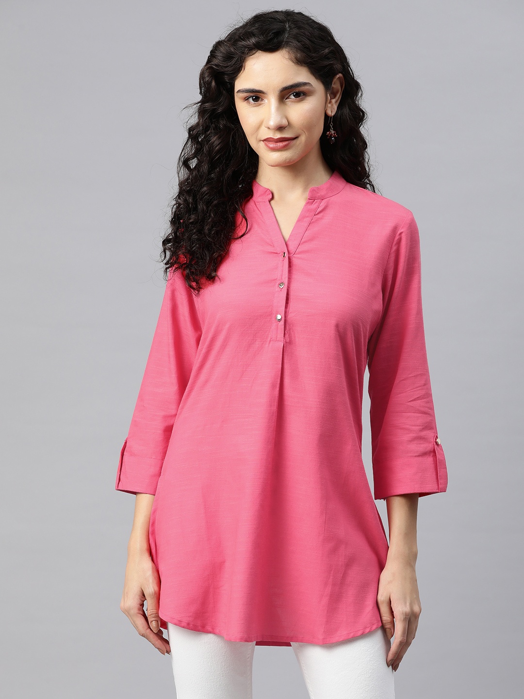 

Nayam By Lakshita Solid Mandarin Collar Cotton Tunic, Pink