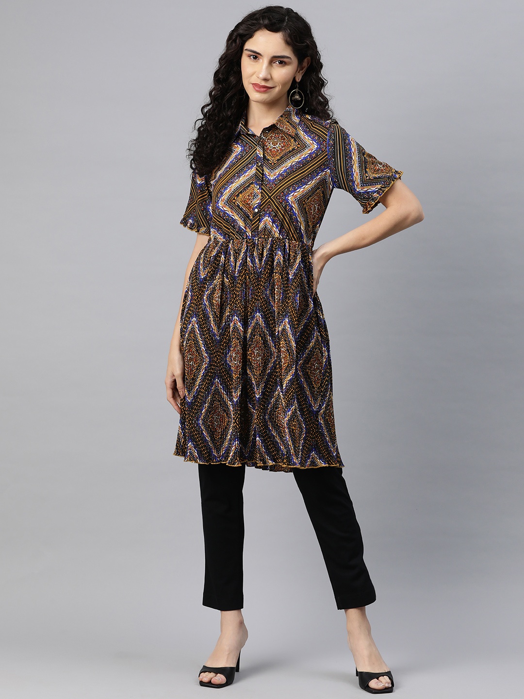 

Nayam By Lakshita Modal Shirt Collar Printed Tunic, Black