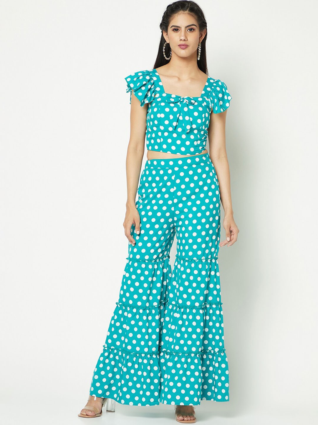 

GLITO Polka Dot Printed Top & Trousers, Turquoise blue