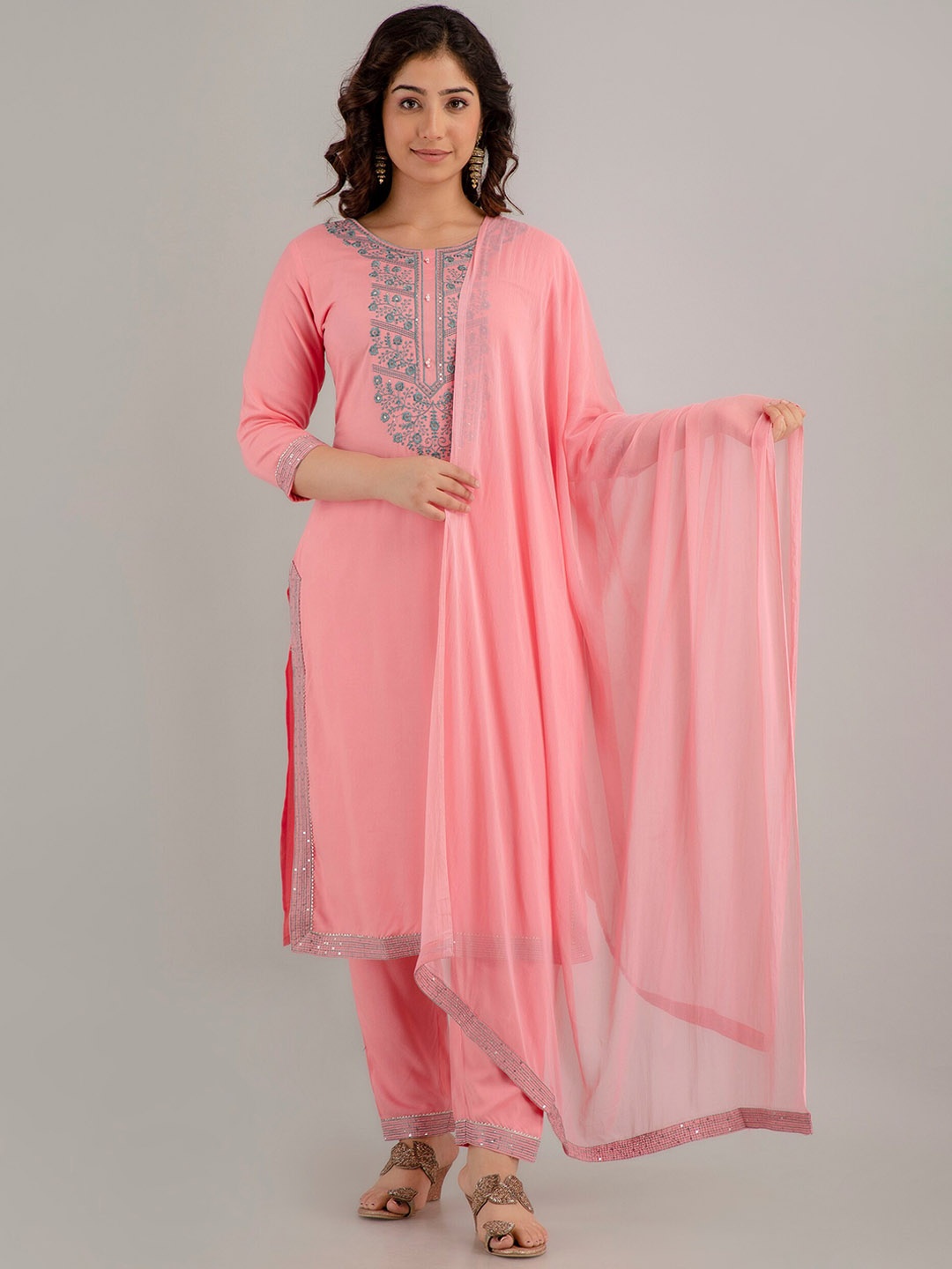 

Charu Floral Embroidered Sequinned Kurta With Trousers & Dupatta, Peach