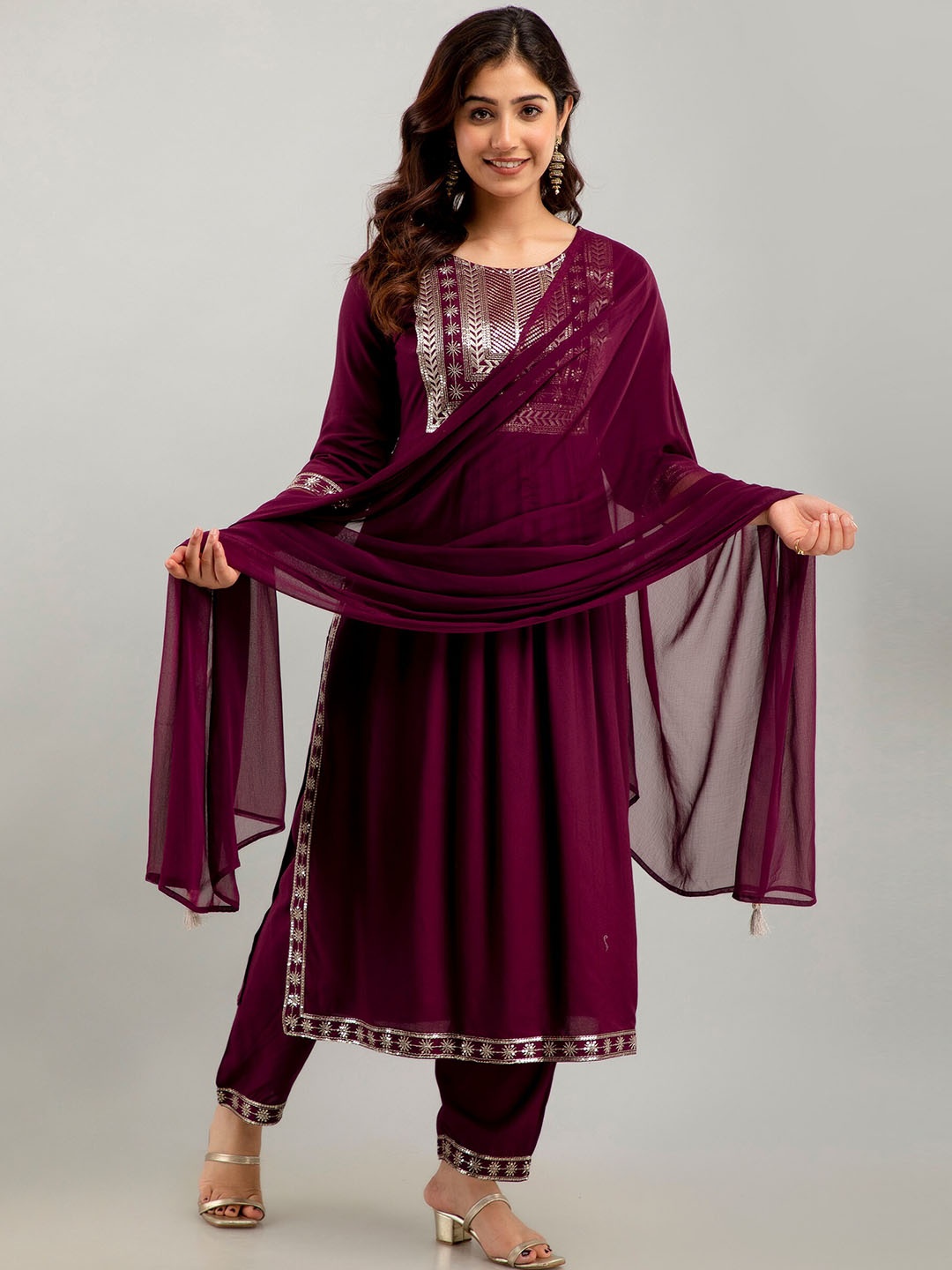 

Charu Ethnic Motifs Embroidered Kurta With Trousers & & Dupatta, Violet