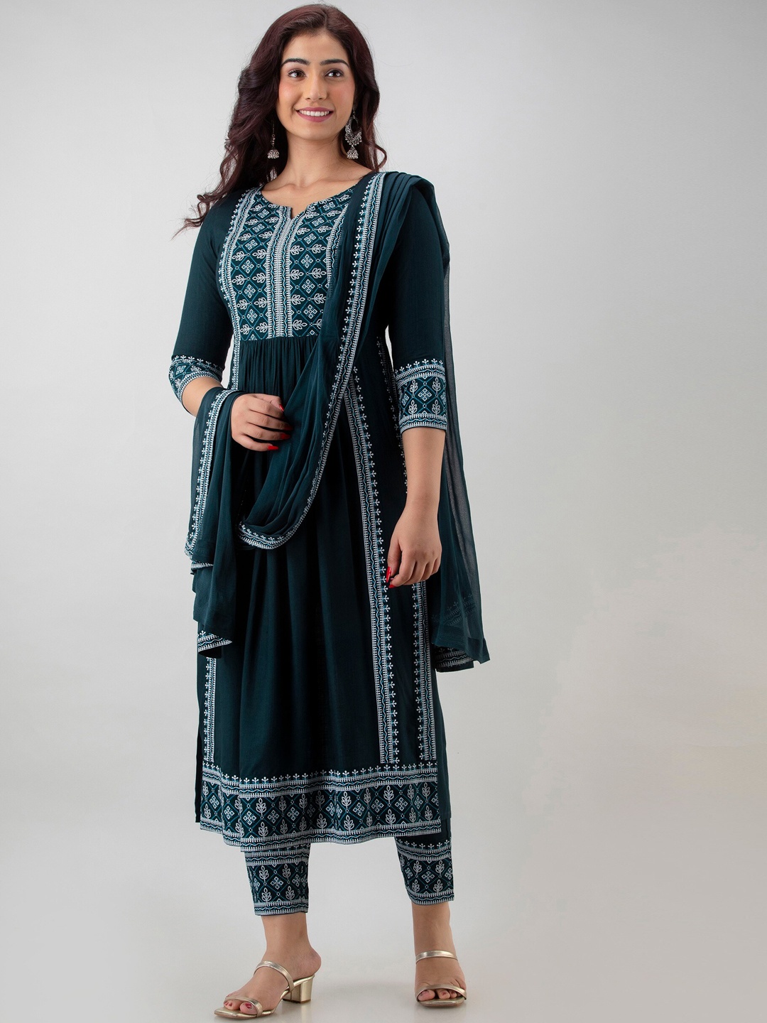 

Charu Ethnic Motifs Printed Pleated A-Line Kurta & Trousers with Dupatta, Teal