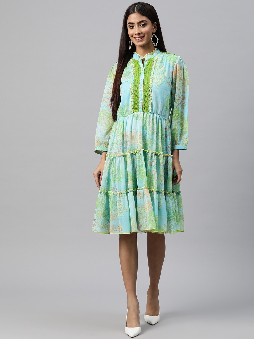 

Nayam By Lakshita Print Puff Sleeve Chiffon Fit & Flare Dress, Turquoise blue