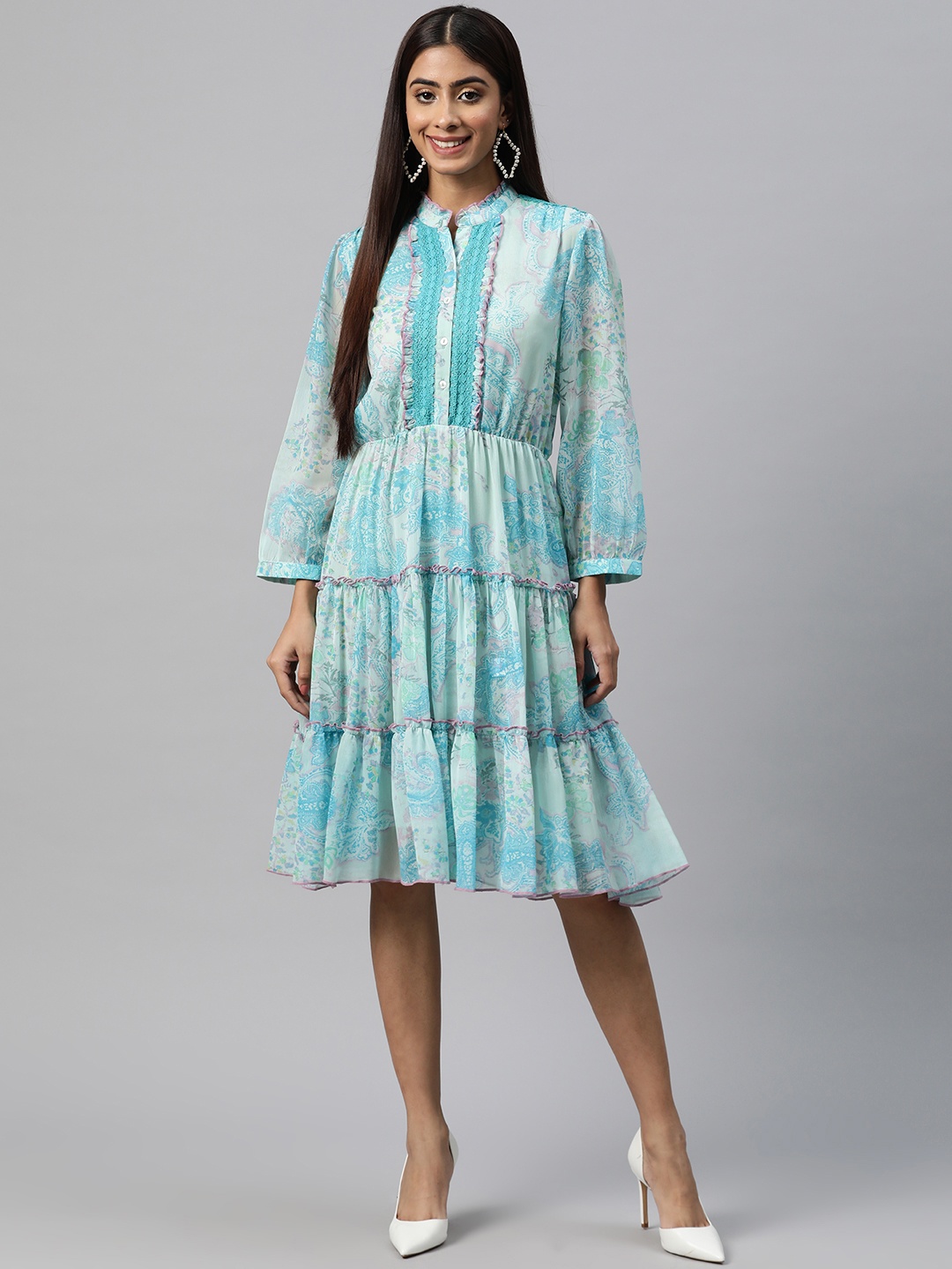 

Nayam By Lakshita Print Chiffon Fit & Flare Midi Dress, Turquoise blue