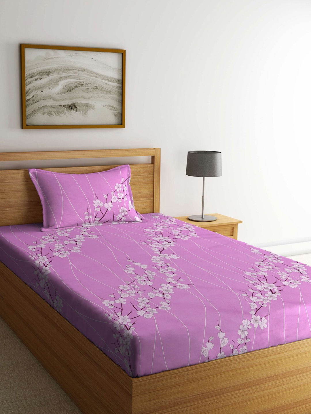 

KLOTTHE Purple & White Floral-Printed 400TC Pure Cotton Fitted Single Bedsheet Set