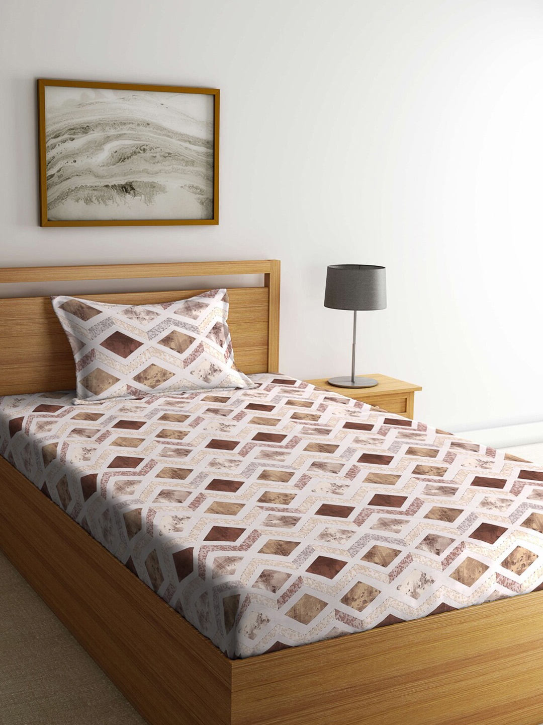 

KLOTTHE Brown & White Geometric-Printed 400TC Pure-Cotton Fitted Single Bedsheet Set