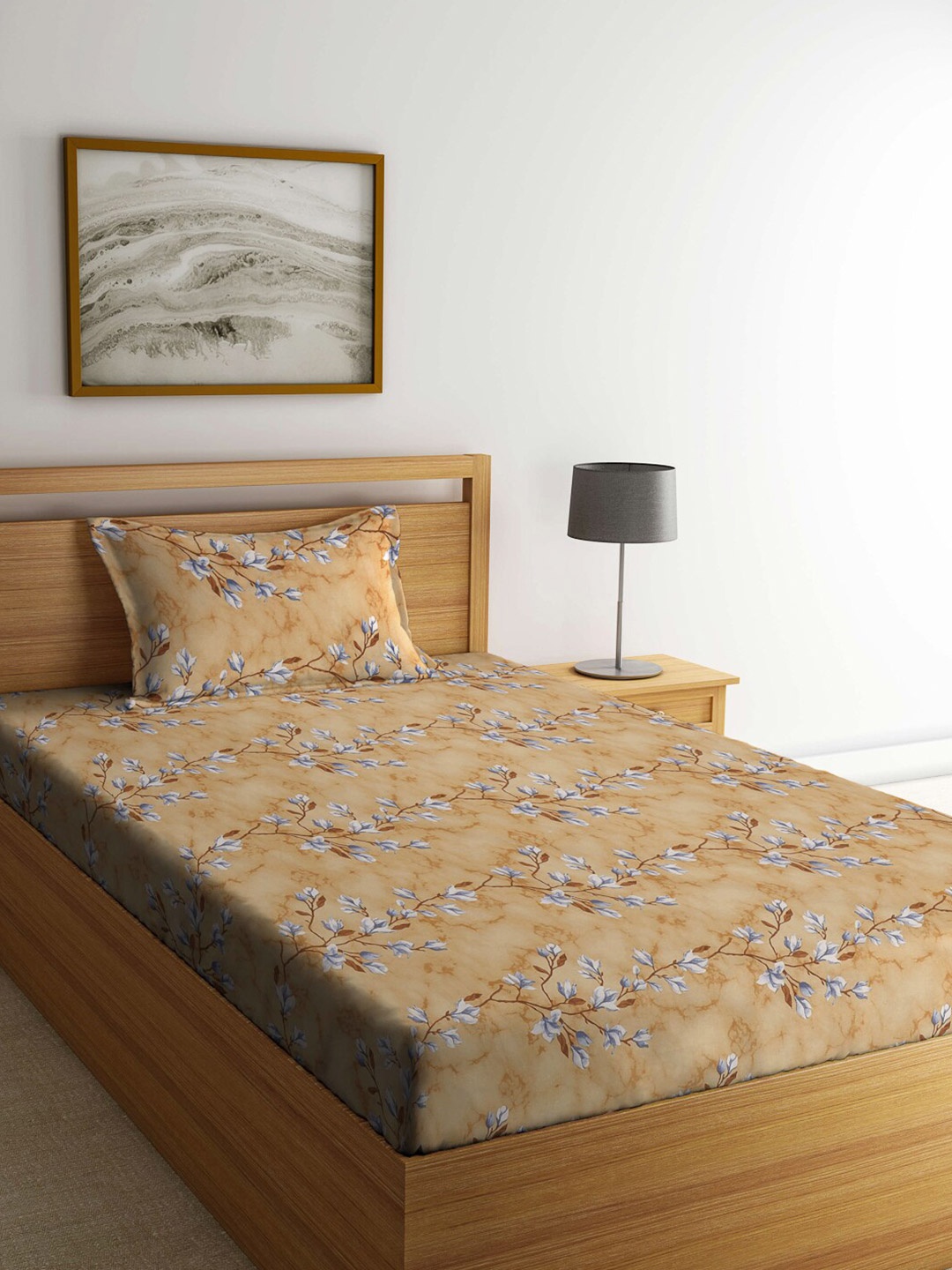 

KLOTTHE Beige & White Floral Pure Cotton 400 TC Single Bedsheet With 1 Pillow Cover