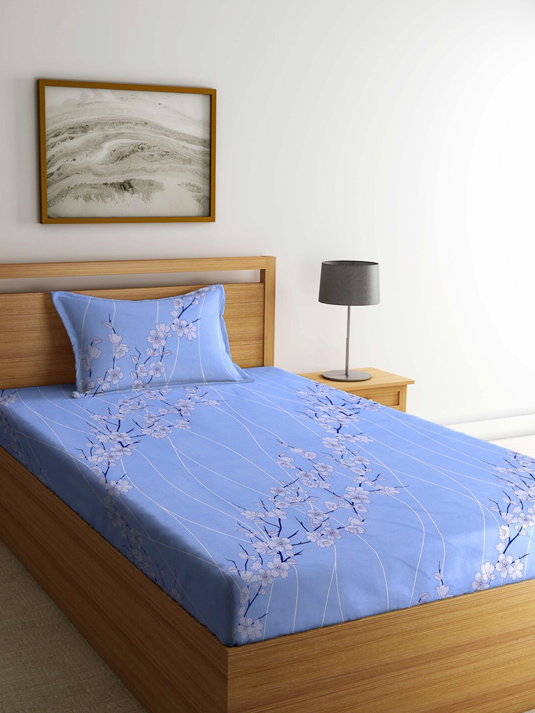 

KLOTTHE Blue & White Floral-Printed 400 TC Pure-Cotton Fitted Single Bedsheet Set