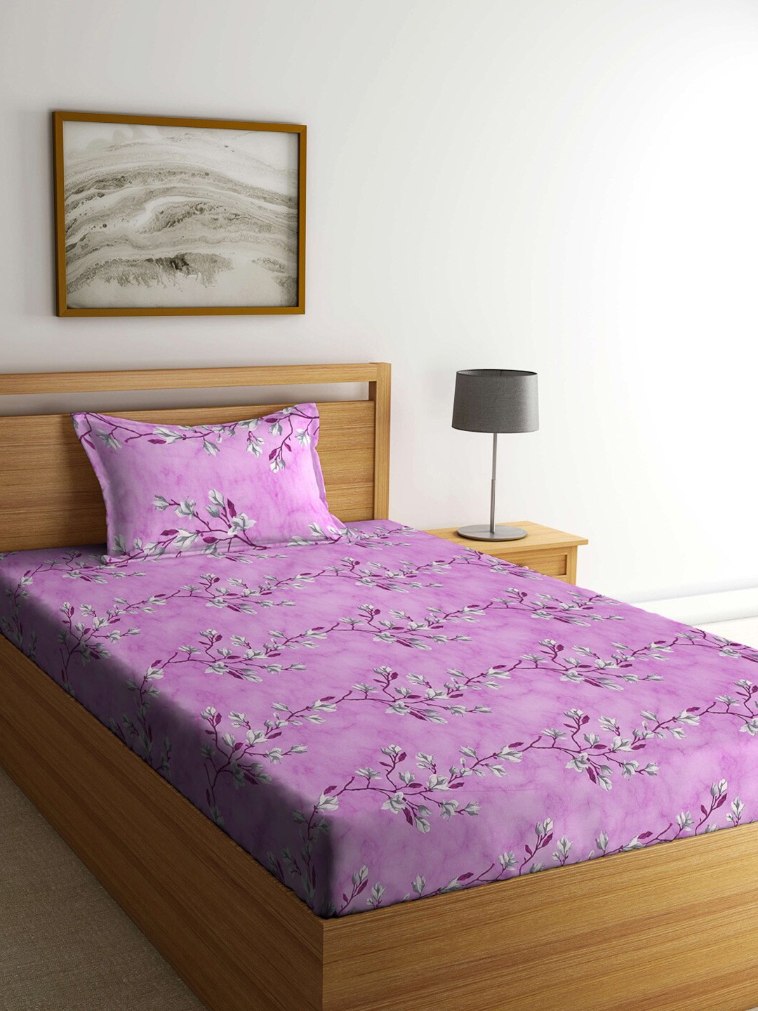

KLOTTHE Purple & White Floral-Printed 400 TCPure-Cotton Fitted Single Bedsheet Set