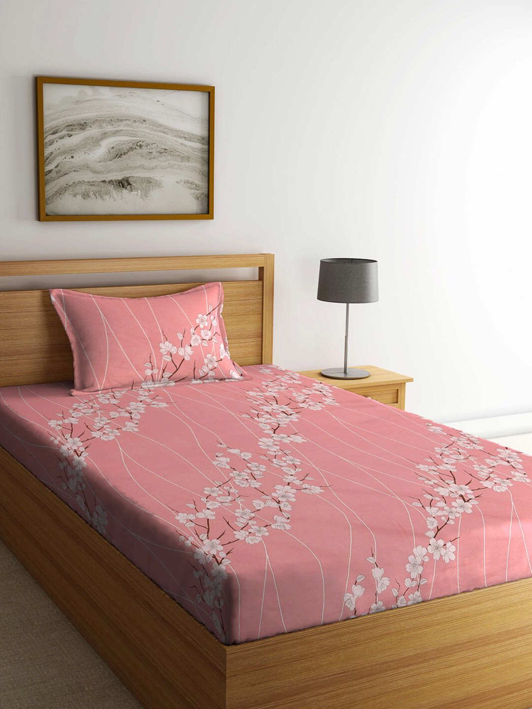 

KLOTTHE Pink & White Floral-Printed Pure Cotton 400 TC Single Bedsheet With 1 Pillow Cover