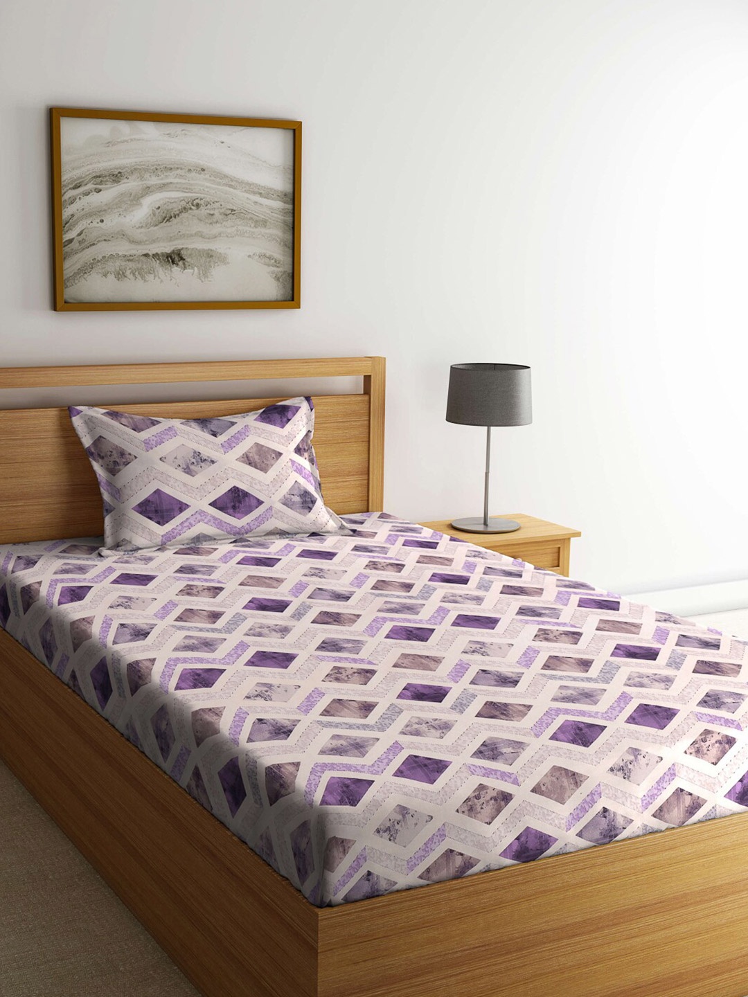 

KLOTTHE Purple & White Geometric Pure Cotton 400 TC Single Bedsheet With 1 Pillow Cover, Multi