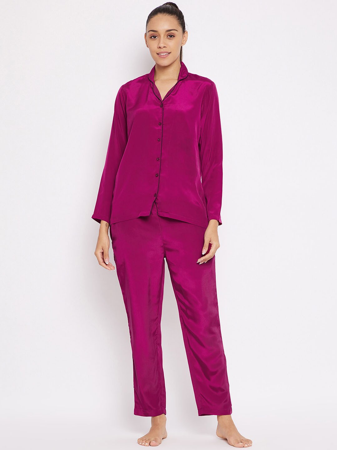 

Urban Komfort Lapel Collar Satin Shirt With Pyjamas, Purple