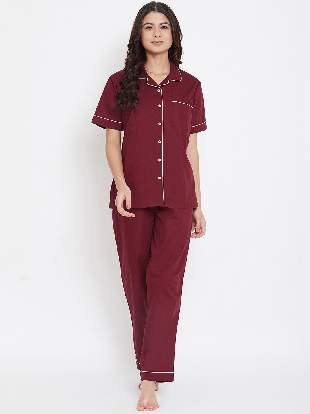 

Urban Komfort Lapel Collar Pure Cotton Night Suit, Maroon