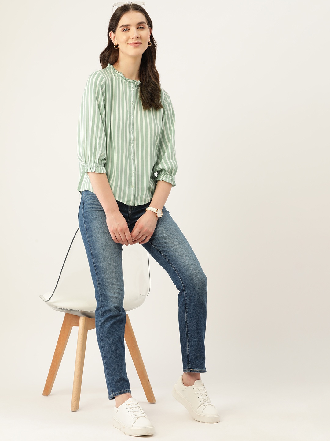 

Mast & Harbour Striped Puff Sleeves Shirt Style Top, Green