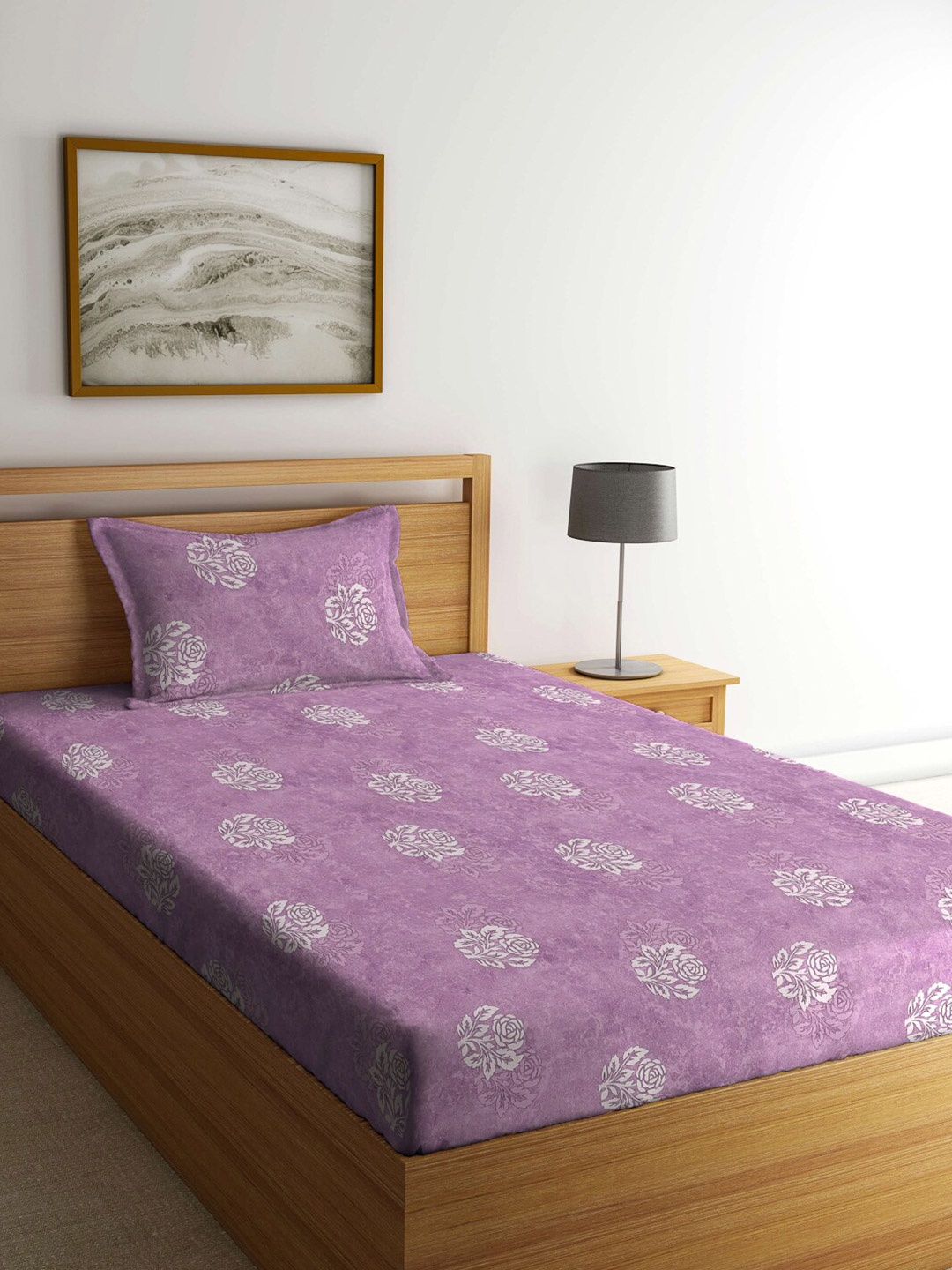

KLOTTHE Purple & White Printed Cotton 400 TC Flat Single Bedsheet with Pillow Cover