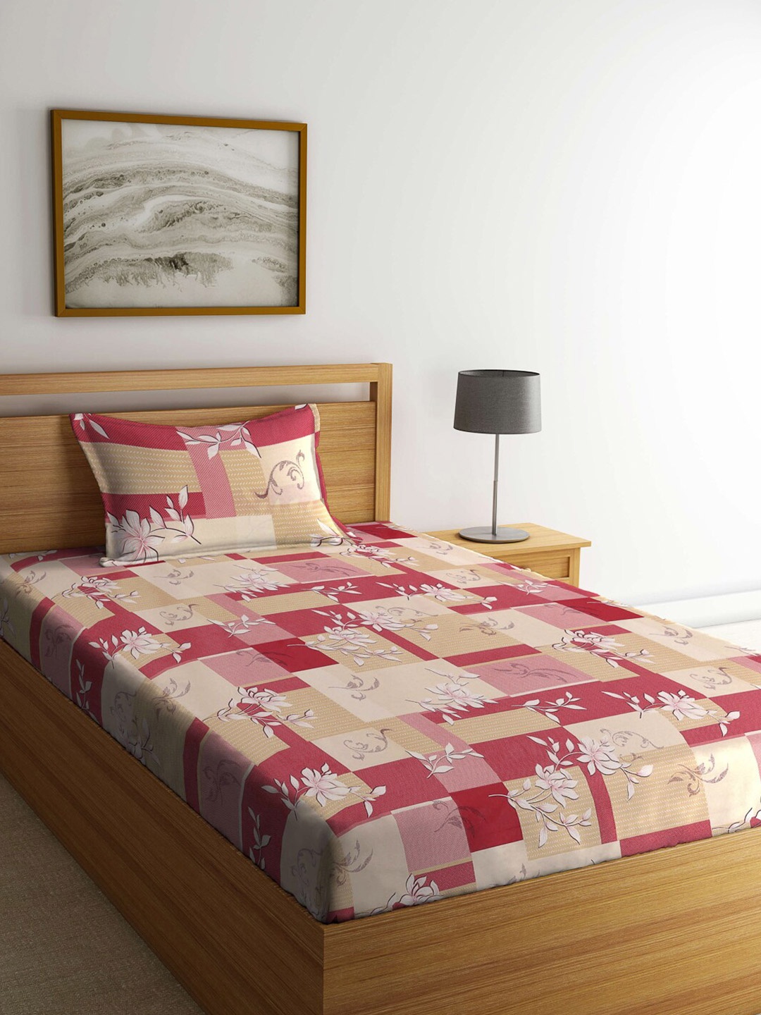 

KLOTTHE Red & Brown Floral Printed 400 TC Single Bedsheet With 1 Pillow Cover