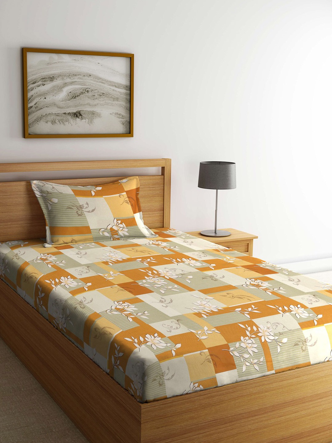 

KLOTTHE Orange & Grey Floral Pure Cotton 400 TC Single Bedsheet With 1 Pillow Cover