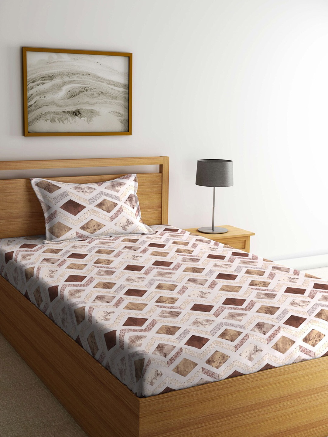 

KLOTTHE Brown & White Geometric Pure Cotton 400 TC Single Bedsheet With 1 Pillow Cover