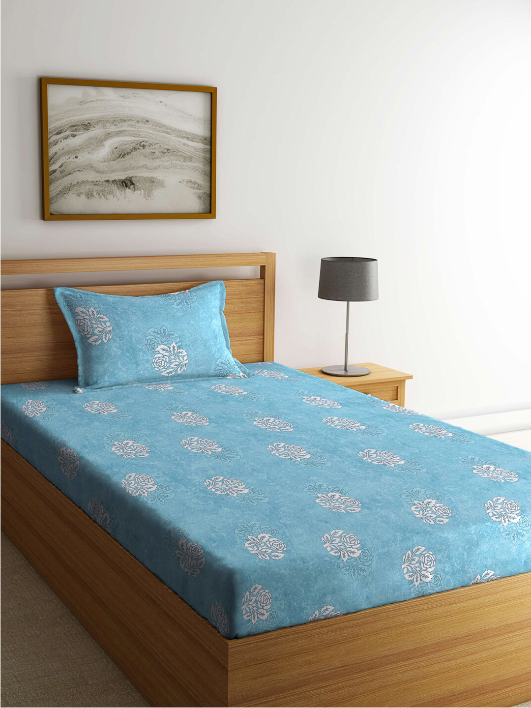 

KLOTTHE Turquoise Blue & White Floral Printed 400 TC Pure Cotton Double Bedsheet Set