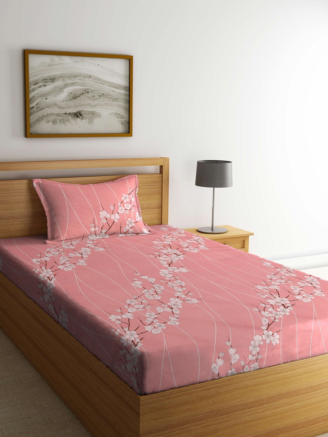 

KLOTTHE Pink & White Floral Pure Cotton 400 TC Single Bedsheet With 1 Pillow Cover