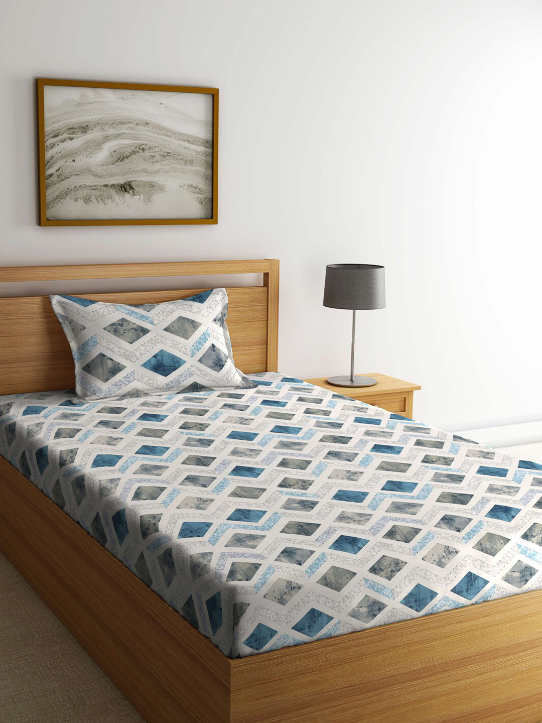 

KLOTTHE White & Blue Geometric Printed 400 TC Pure Cotton Double Bedsheet Set