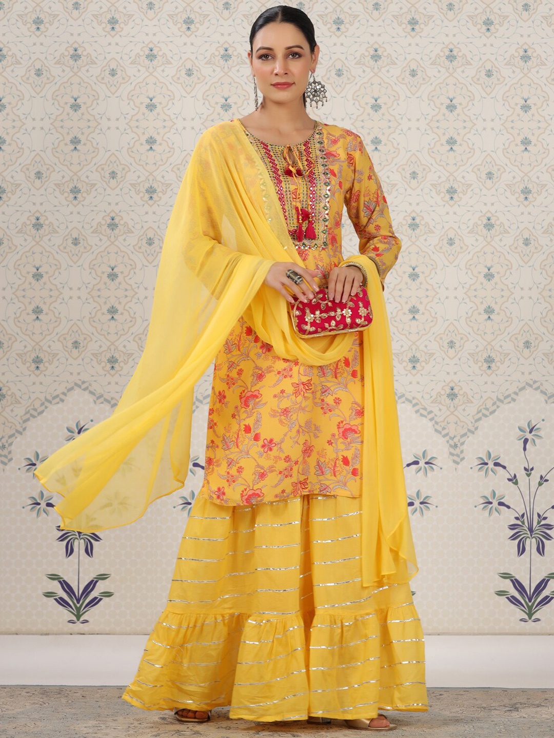 

Ode by House of Pataudi Yellow & Red Floral Printed Kurta With Sharara & Dupatta