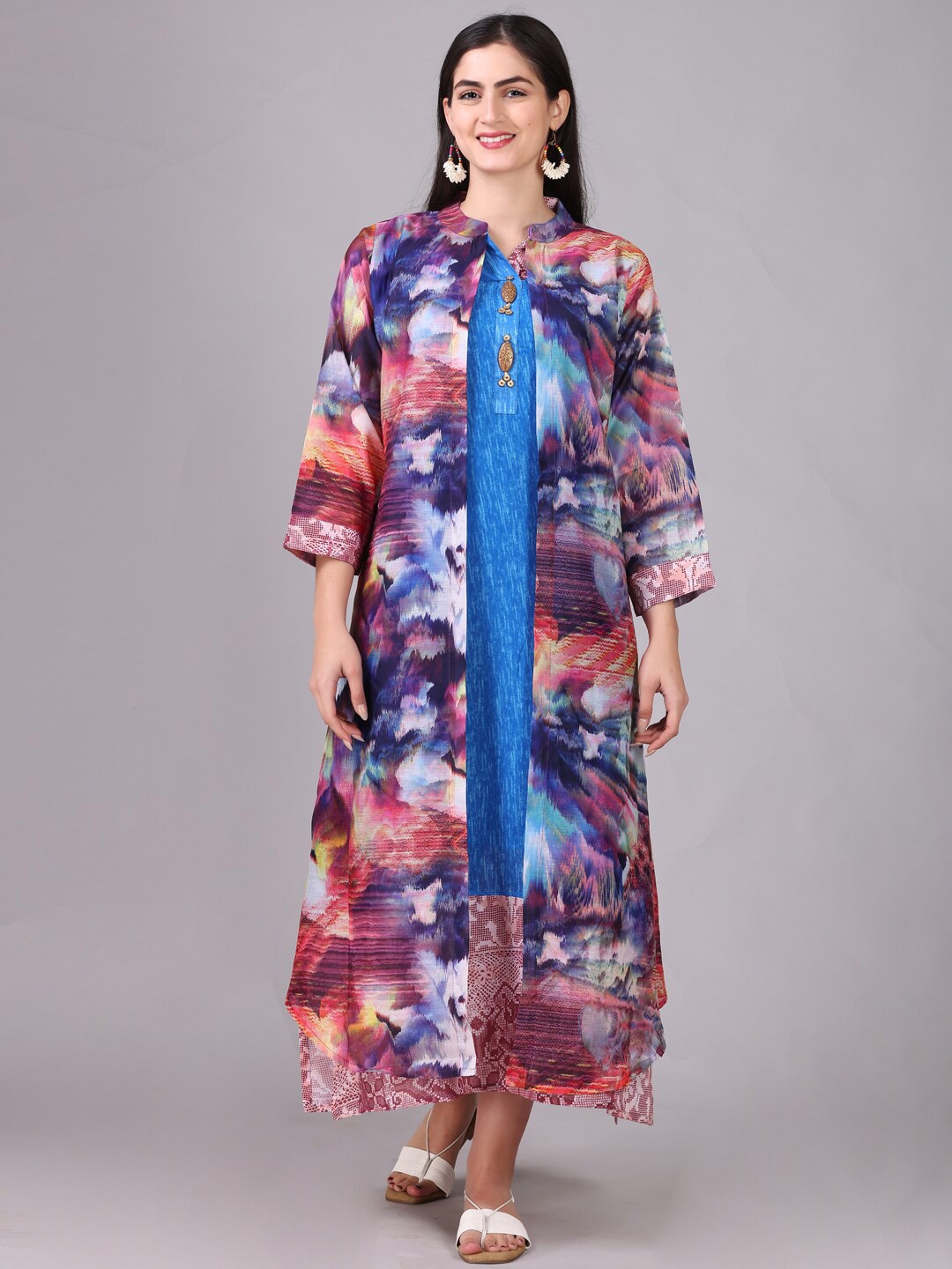 

Elthia Abstract Printed Mandarin Collar Silk A-Line Ethnic Dress, Blue