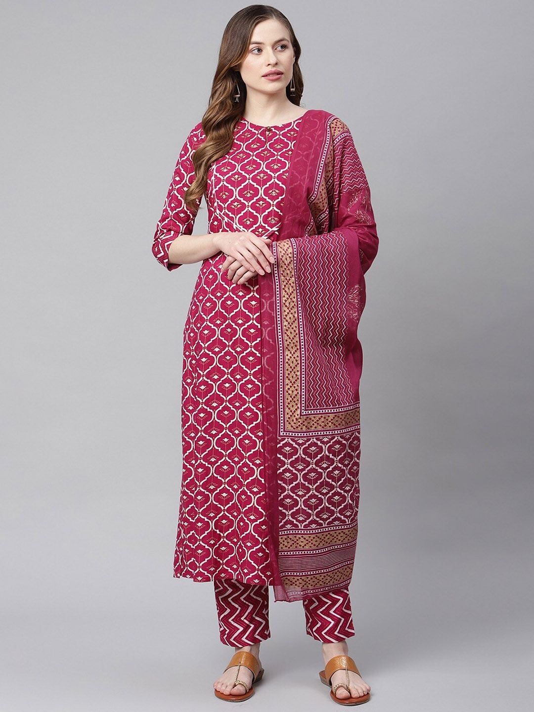 

KALINI Ethnic Motifs Printed Bead Work Kurta with Trousers & Dupatta, Pink