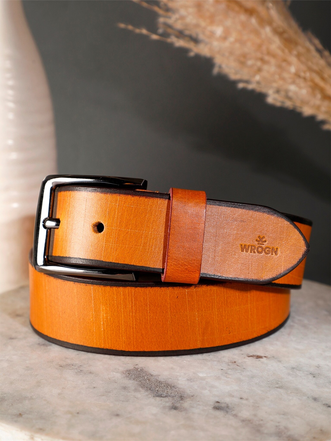 

WROGN Men Leather Wide Belt, Tan