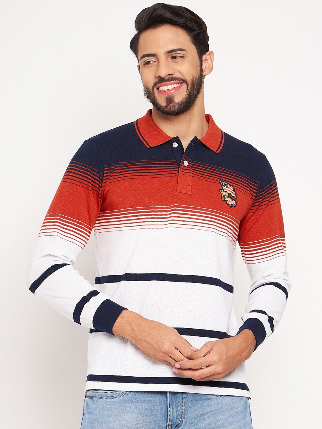 

Duke Striped Polo Collar Slim Fit Cotton T-shirt, Navy blue