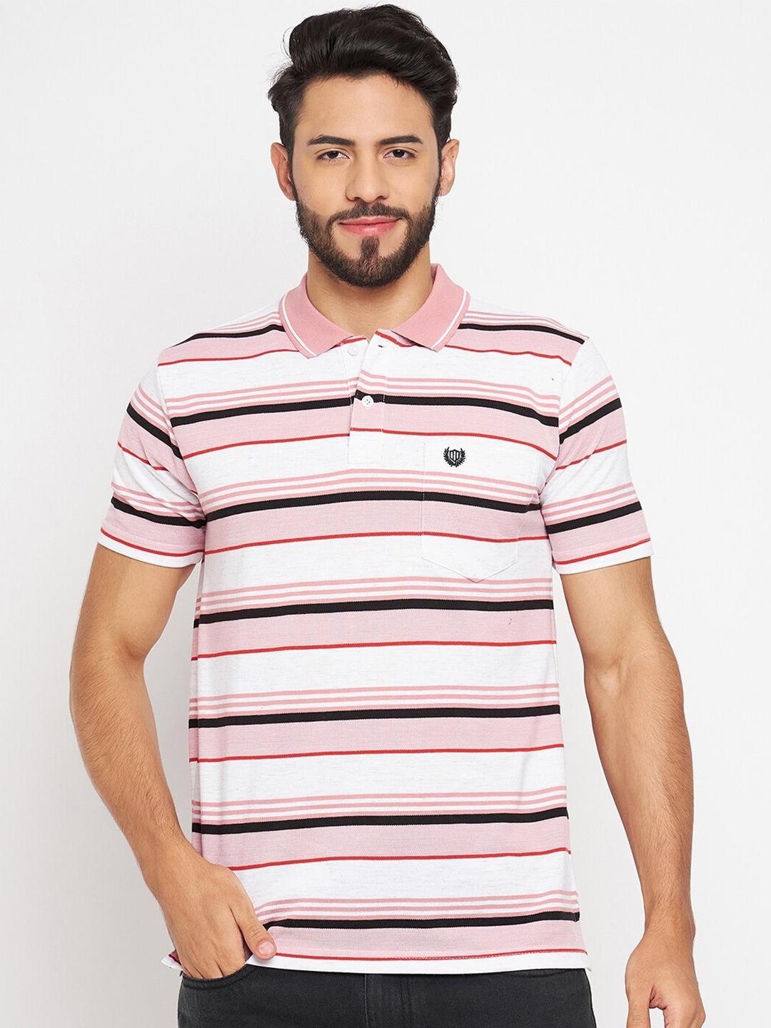 

Duke Striped Polo Collar Cotton T-shirt, Pink