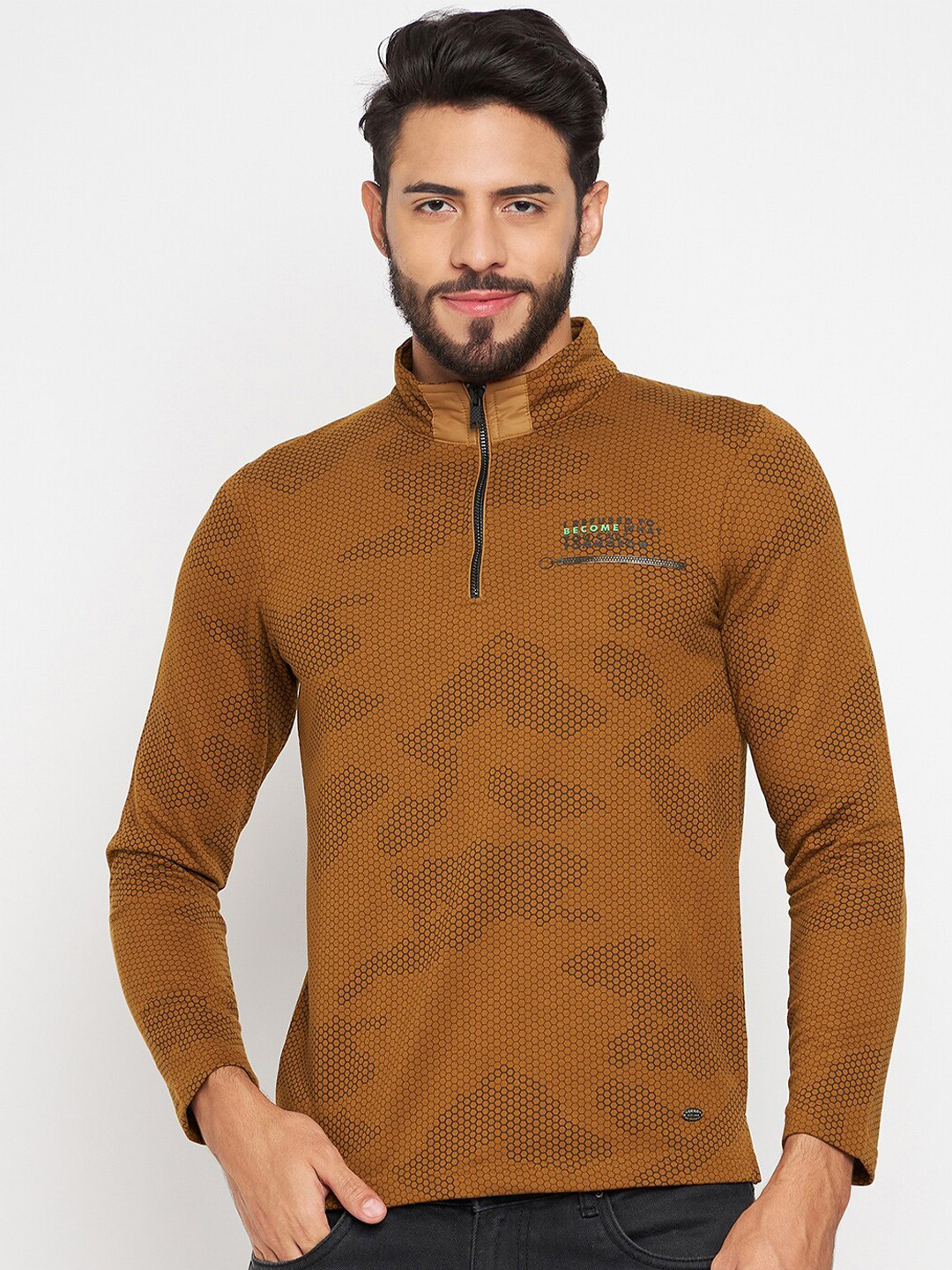 

Duke Geometric Printed High Neck Slim Fit Cotton T-shirt, Brown