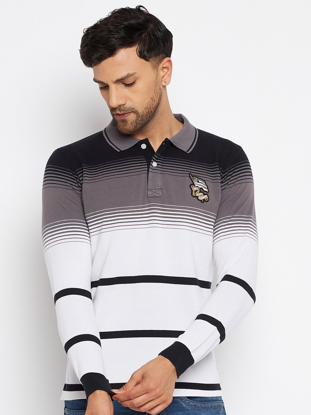 

Duke Striped Polo Collar Applique Slim Fit Cotton T-Shirt, White