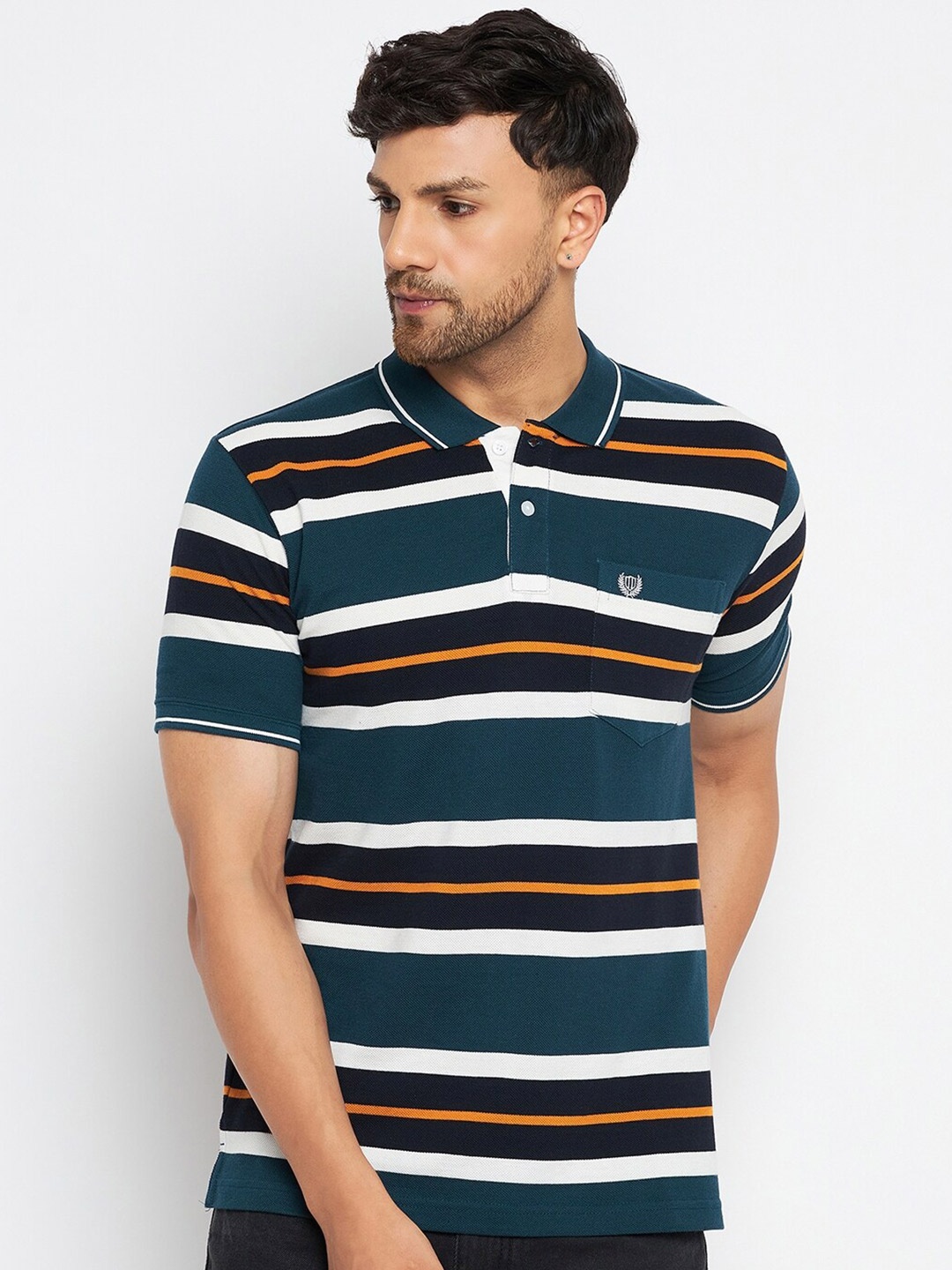 

Duke Striped Polo Collar Cotton T-shirt, Teal