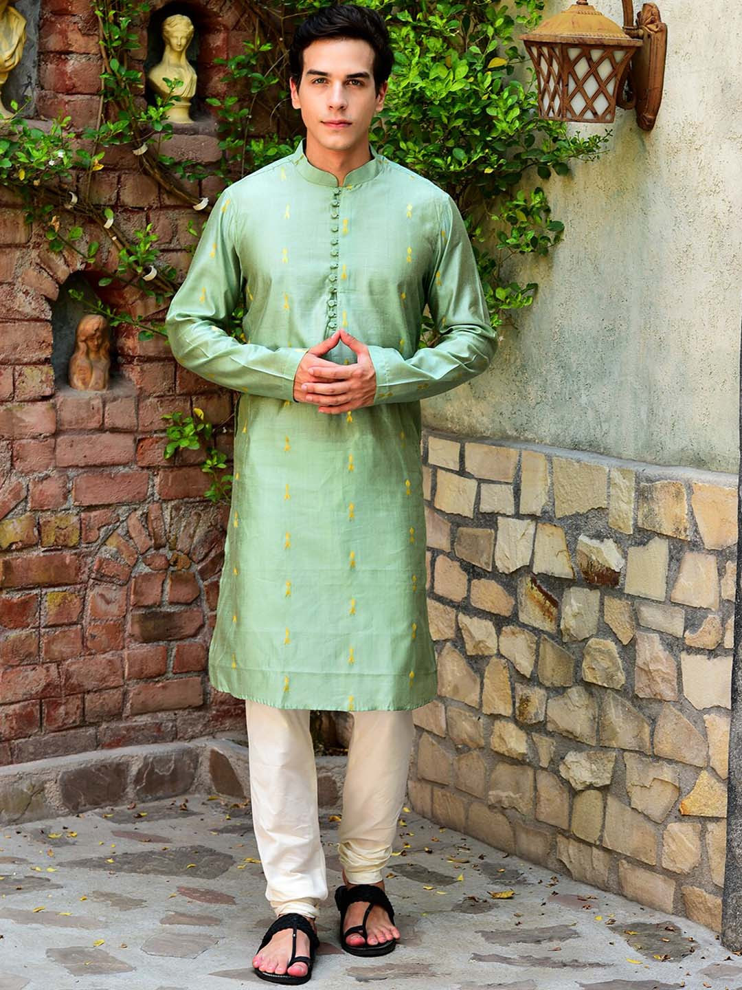 

HOUSE OF DEYANN Woven Design Mandarin Collar Straight Kurta with Churidar, Green