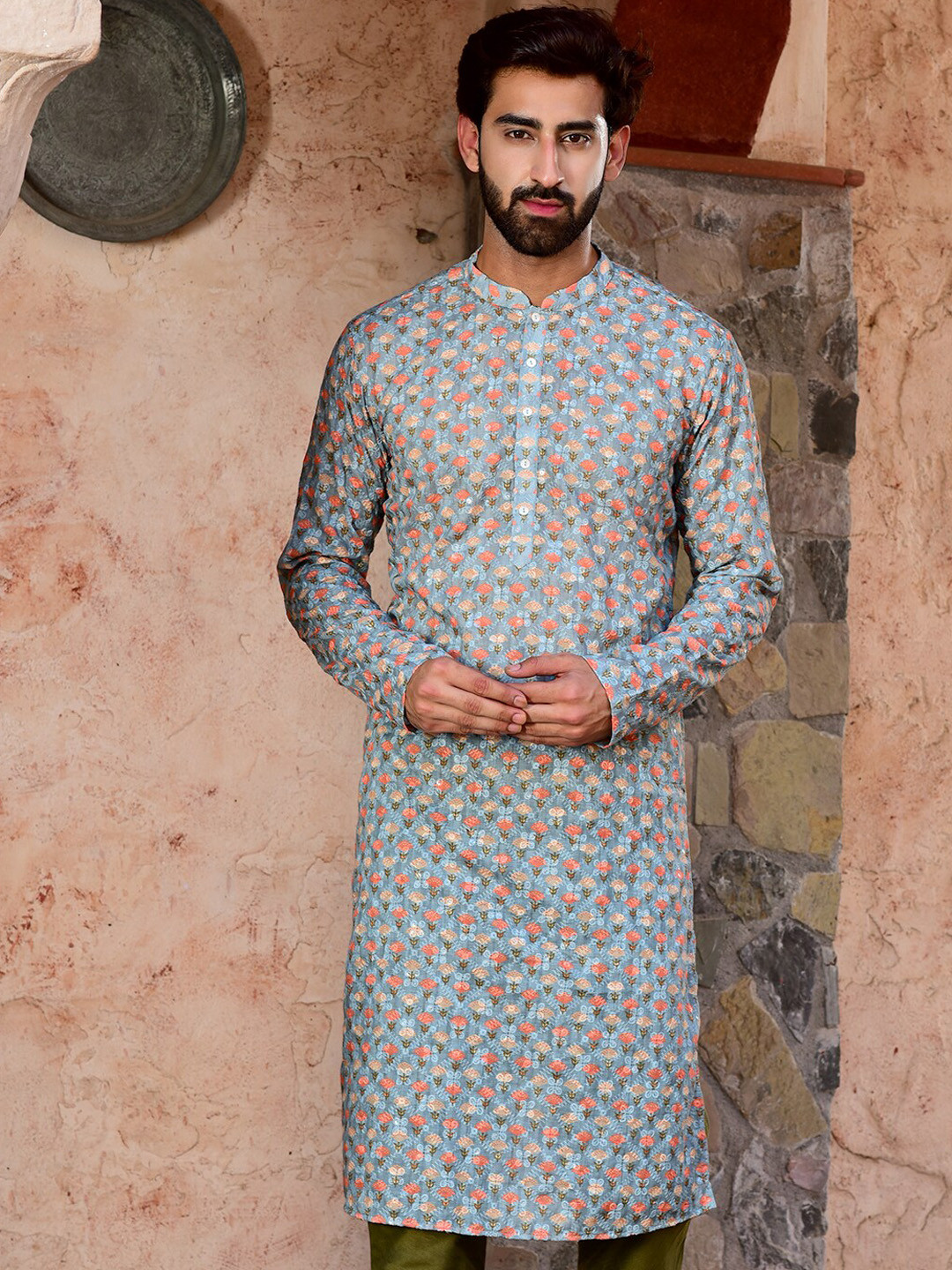 

HOUSE OF DEYANN Floral Printed Thread Work Mandarin Collar Kurta with Churidar, Turquoise blue