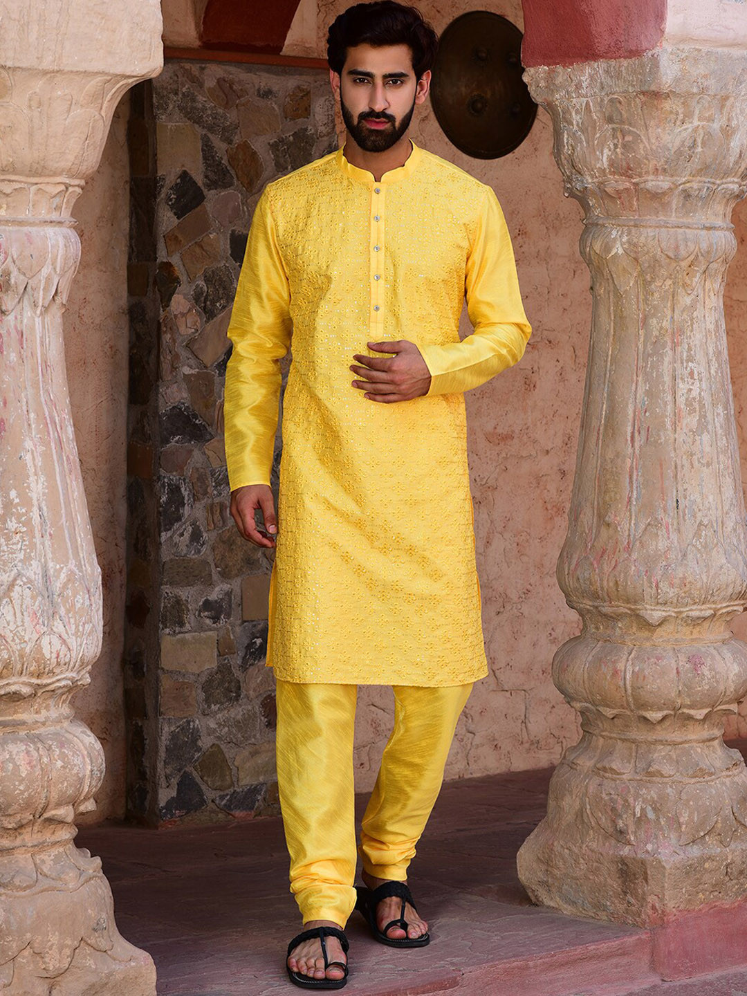 

HOUSE OF DEYANN Mandarin Collar Ethnic Motif Embroidered Thread Work Kurta with Churidar, Yellow
