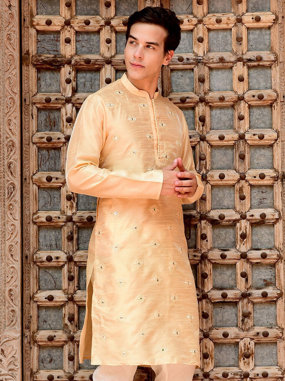 

HOUSE OF DEYANN Ethnic Motifs Embroidered Sequined Detail Dupion Silk Kurta With Churidar, Cream