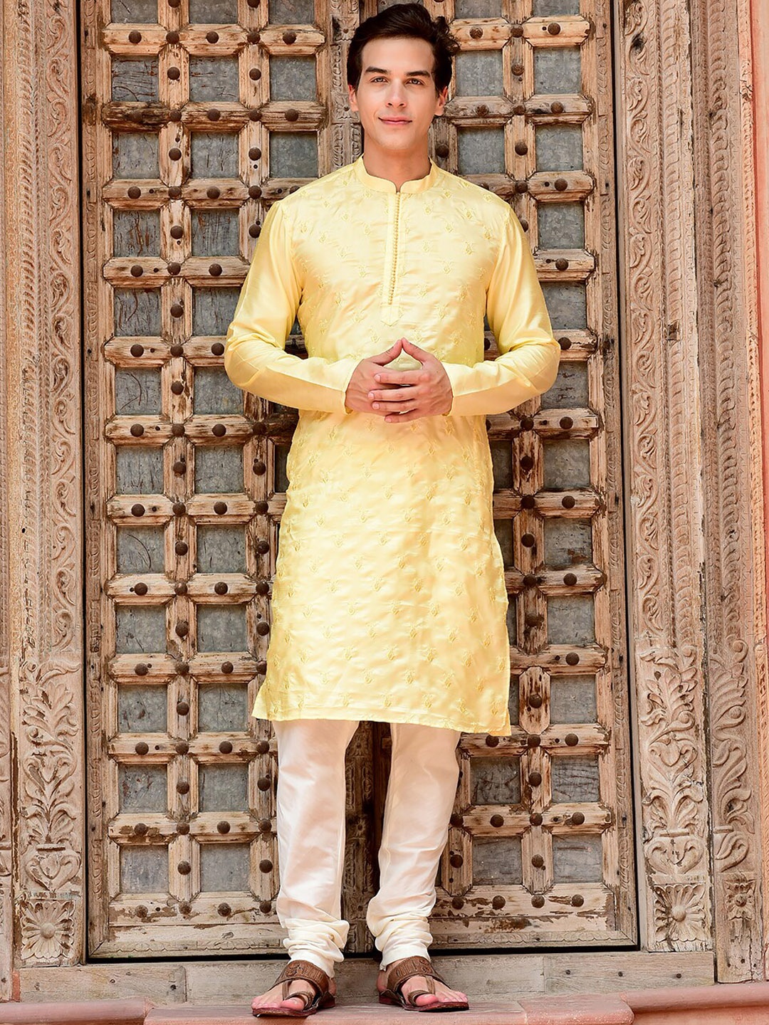 HOUSE OF DEYANN Ethnic Motifs Embroidered Mandarin Collar Dupion Silk Kurta with Churidar, Yellow