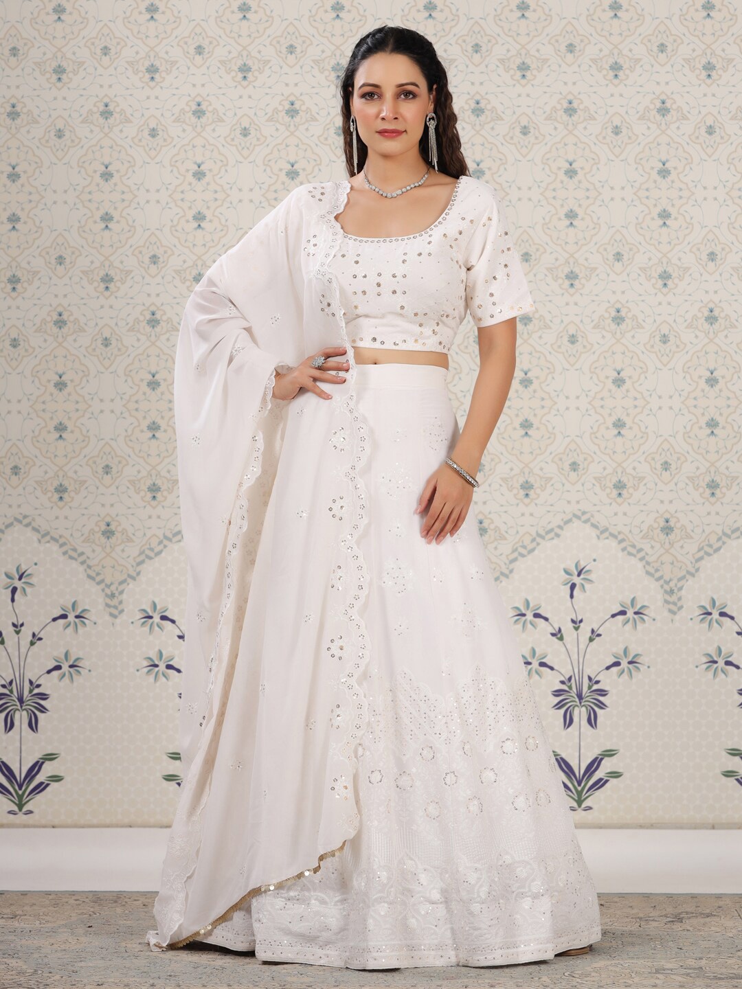

Ode by House of Pataudi Embroidered Sequinned Semi-Stitched Lehenga Choli With Dupatta, White
