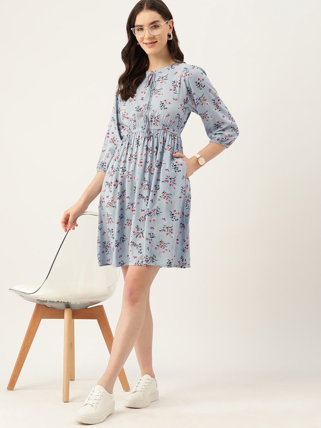 

Mast & Harbour Floral Print Tie-Up Neck Puff Sleeves Fit & Flare Dress, Blue