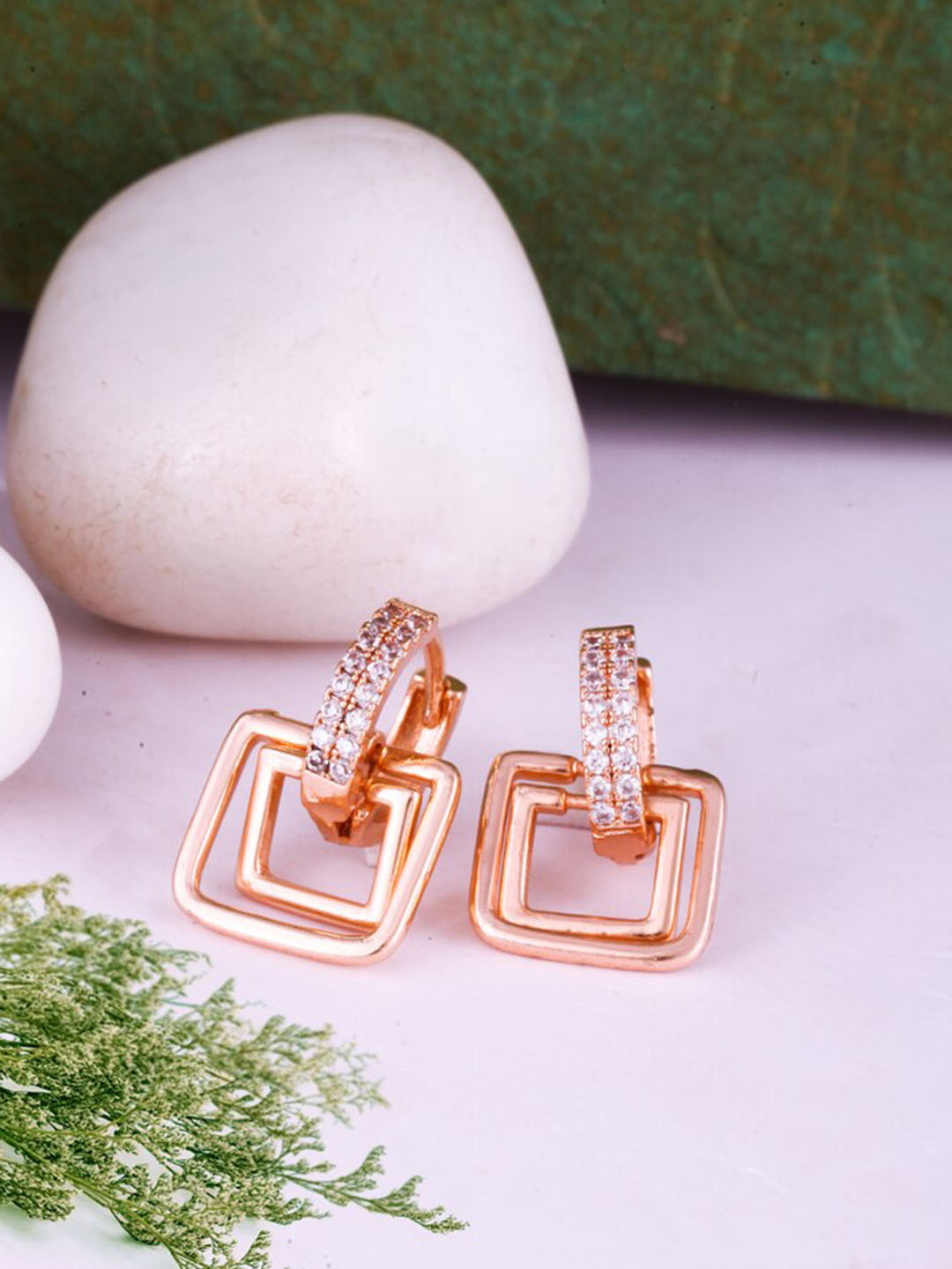 

MEENAZ Rose Gold Plated American Diamond Hoop Earrings