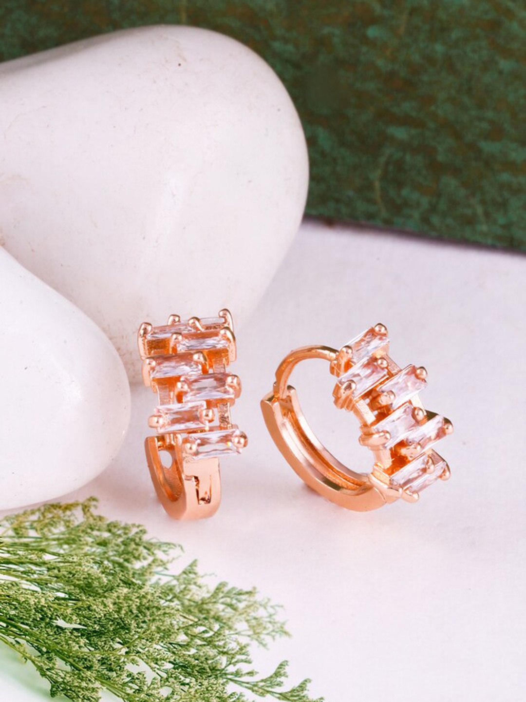 

MEENAZ Rose Gold Plated American Diamond Hoop Earrings