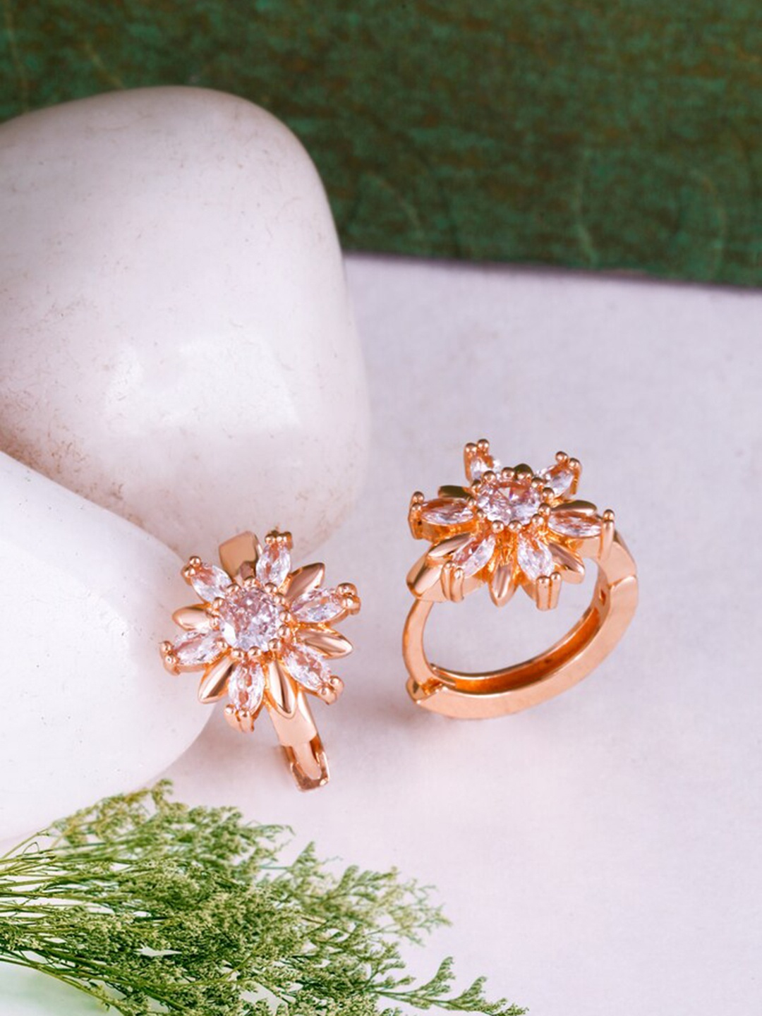 

MEENAZ Rose Gold-Plated American Diamond-Studded Floral Hoop Earrings