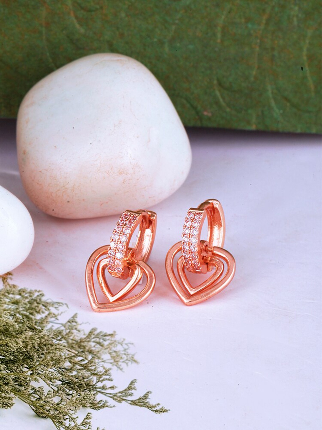 

MEENAZ Rose Gold-Plated American Diamond-Studded Heart Shaped Hoop Earrings