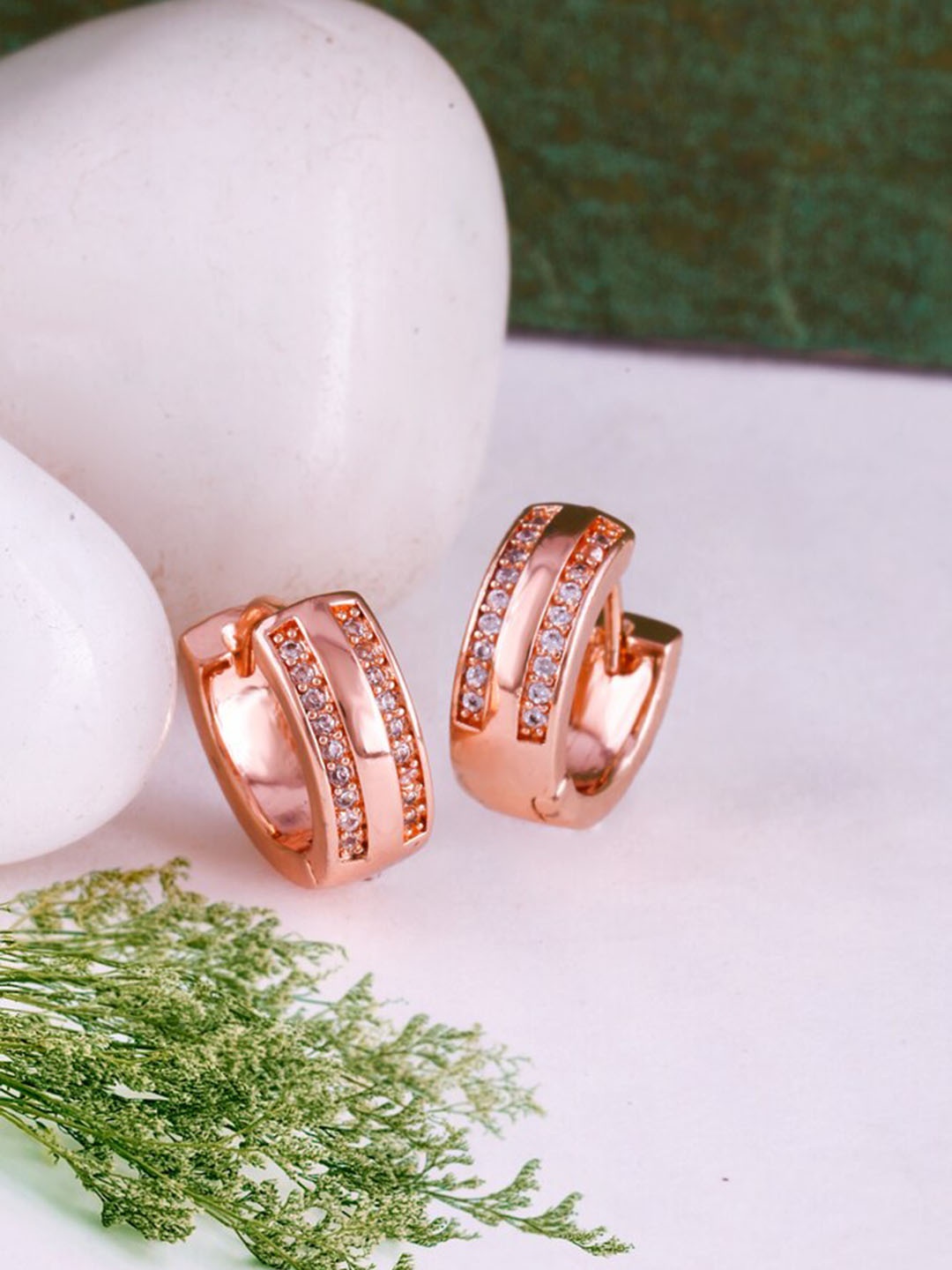 

MEENAZ Rose Gold Plated American Diamond Studded Hoop Earrings