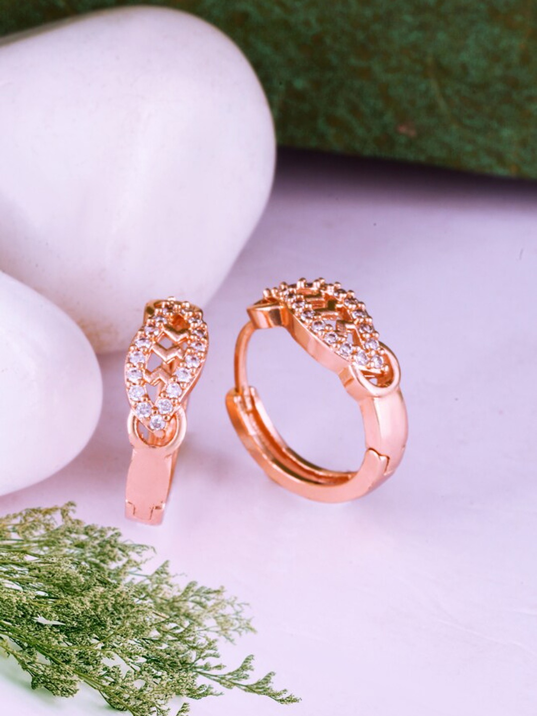 

MEENAZ Rose Gold-Plated American Diamond-Studded Floral Hoop Earrings