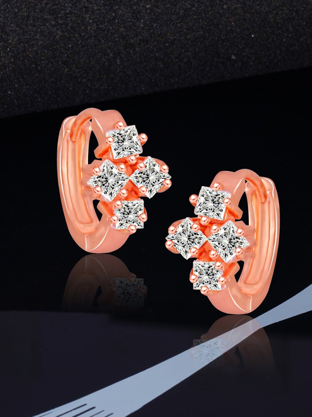 

MEENAZ Rose Gold-Plated American Diamond-Studded Floral Hoop Earrings